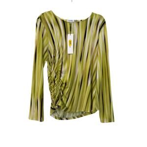 NWT Calvin Klein Printed Ruched Blouse Womens Size Large Green Y2K Boho Artsy
